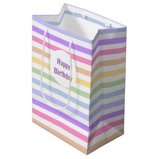 Happy Birthday Pastel Rainbow White Stripes Medium Gift Bag