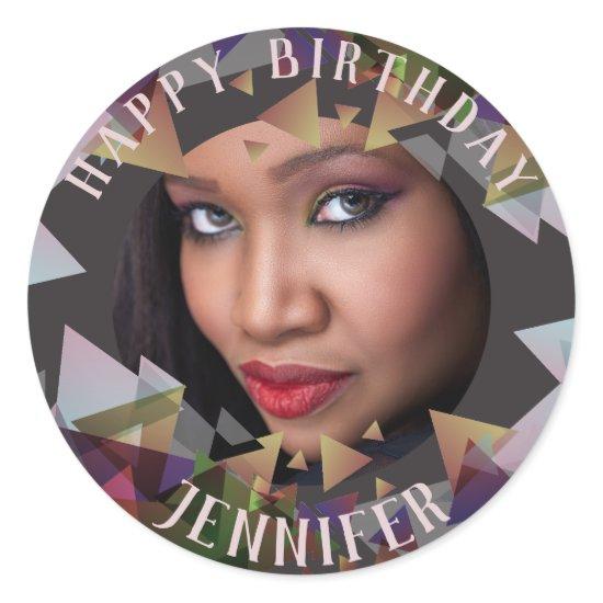 Happy Birthday PHOTO Stickers Mauve Taupe Polygon