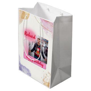Happy Birthday Pink Gradient Modern Add Photo Name Medium Gift Bag