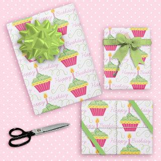 Happy Birthday Pink Green Cupcakes  Sheets