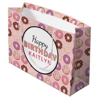 HAPPY BIRTHDAY Pink Iced Donuts Pattern With Name Large Gift Bag