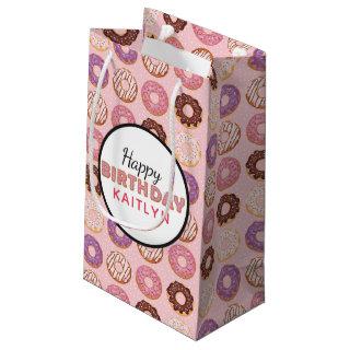 HAPPY BIRTHDAY Pink Iced Donuts Pattern With Name Small Gift Bag