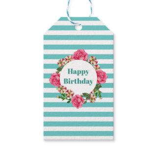 Happy Birthday Pink Rose Red White Petunia Stripes Gift Tags