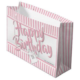 Happy Birthday Pink/White Simple Stripes Pattern Large Gift Bag