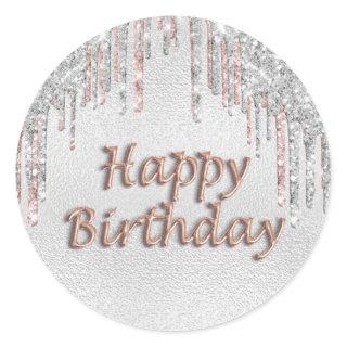 Happy Birthday silver glitter drips rose gold pink Classic Round Sticker