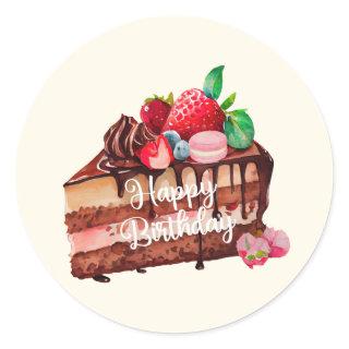 Happy Birthday Slice of Strawberry Chocolate Cake  Classic Round Sticker