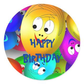 Happy Birthday Smiling Balloon Faces Classic Round Sticker