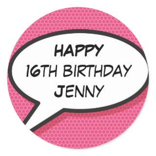 Happy Birthday Speech Bubble Fun Retro Girly Pink Classic Round Sticker