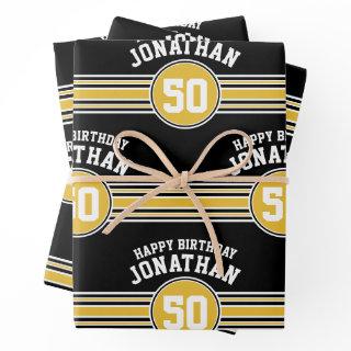 Happy Birthday Sports Stripes with Age Gold Black  Sheets