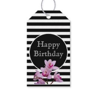 Happy Birthday Stripes and Blooming Orchids Gift Tags