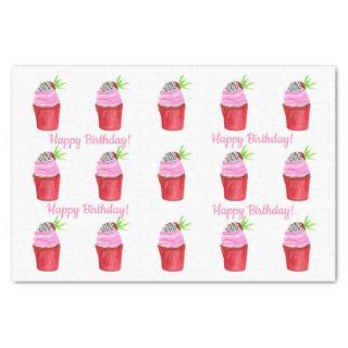Happy Birthday Watercolor Strawberry Cupcake Tissue Paper