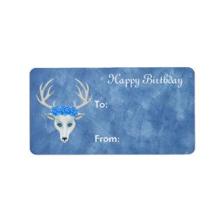 Happy Birthday White Deer Head Wearing Roses Blue Label