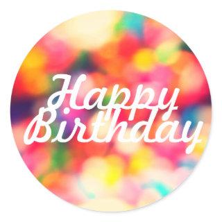 Happy Birthday with blurred sprinkles BG Classic Round Sticker