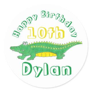 Happy Birthday Yellow Green Alligator Crocodile Classic Round Sticker