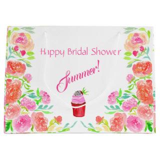 Happy Bridal Shower Watercolor Roses And Cupcake Large Gift Bag