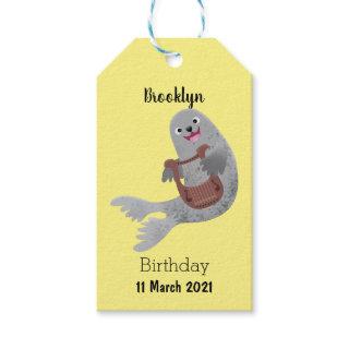 Happy cute harp seal cartoon illustration gift tags
