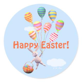 Happy Easter Bunny and Balloons Classic Round Sticker