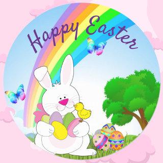 Happy Easter Bunny Colored Eggs Classic Round Sticker
