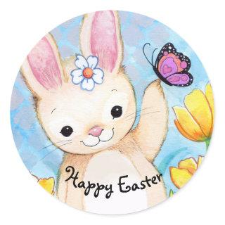Happy Easter Bunny Floral and Butterfly Classic Round Sticker