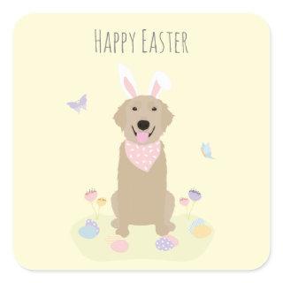 Happy Easter Bunny Golden Retriever Square Sticker