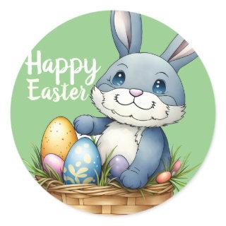 Happy Easter, Bunny In Egg Basket Classic Round Sticker