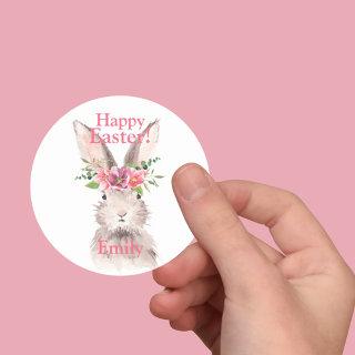 Happy easter Bunny rabbit flower pastel pink  Classic Round Sticker