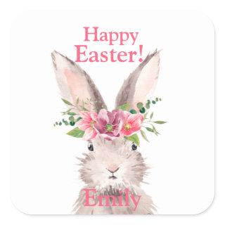 Happy easter Bunny rabbit flower pastel pink Square Sticker
