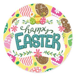 Happy Easter Colorful Easter Eggs Pattern Yellow Classic Round Sticker