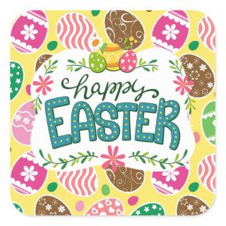Happy Easter Colorful Easter Eggs Pattern Yellow Square Sticker