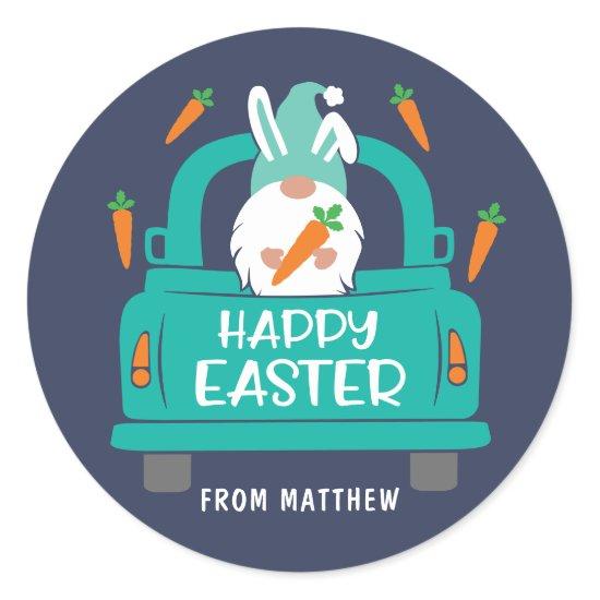 Happy Easter Cute Modern Gnome Truck Name Classic Round Sticker