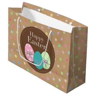 Happy Easter Eggs Polkadots On Faux Kraft Paper Large Gift Bag