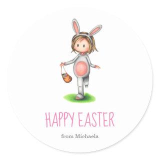 Happy Easter Girl in Rabbit Costume Kids Holiday Classic Round Sticker