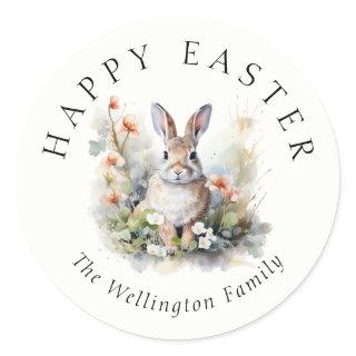Happy Easter Modern Elegant Watercolor Bunny Classic Round Sticker