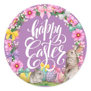 Happy Easter Script Floral lavendar Easter Bunny  Classic Round Sticker