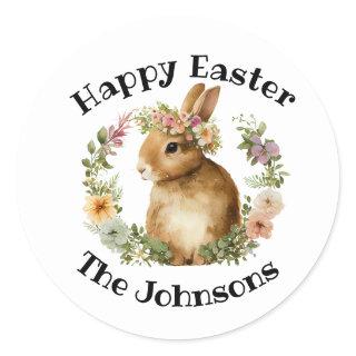 Happy Easter Watercolor Retro Easter Bunny Floral  Classic Round Sticker