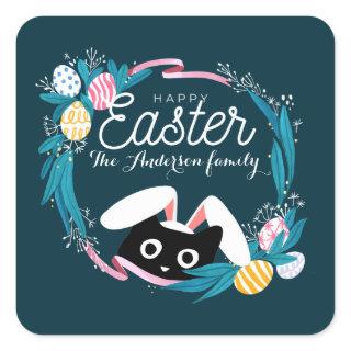 Happy Easter Wreath, Black Cat with bunny ears Square Sticker