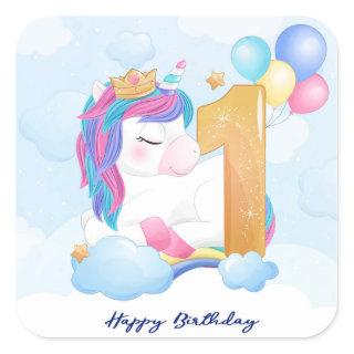 Happy First Birthday Unicorn Square Sticker