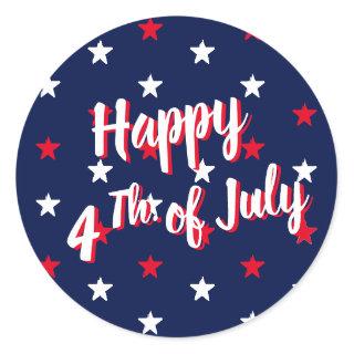 Happy fourth of July script red white navy stars Classic Round Sticker
