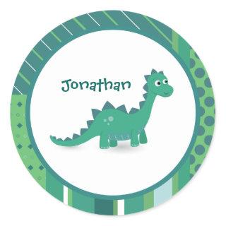 Happy green dinosaur custom name birthday boy classic round sticker