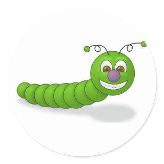 Happy Green Smiling Cartoon Worm with Brown Eyes Classic Round Sticker