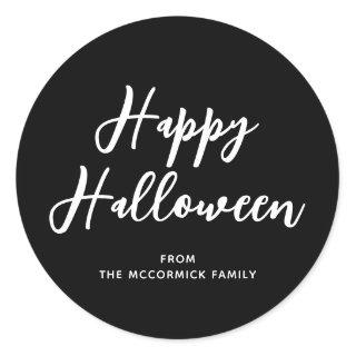 Happy Halloween Black Script Family Name Classic Round Sticker