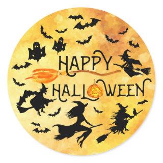 HAPPY HALLOWEEN, Flying Witches, Bats & Ghosts Classic Round Sticker
