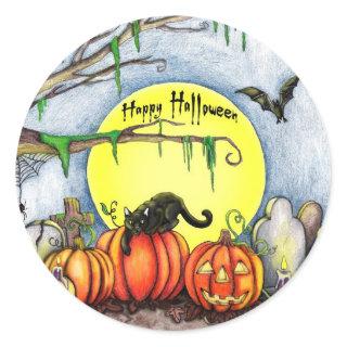 Happy Halloween Graveyard Scene Classic Round Sticker