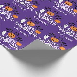 Happy Halloween pumpkins ghosts bats text purple