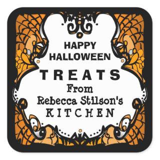 Happy Halloween Treats Orange Black & White Custom Square Sticker