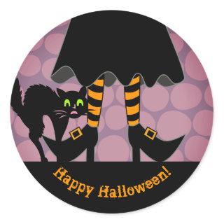 Happy Halloween Witch Legs Black Cat Purple Classic Round Sticker