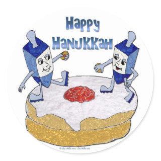 Happy Hanukkah Dancing Dreidels Jelly Doughnut Classic Round Sticker