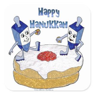 Happy Hanukkah Dancing Dreidels Jelly Doughnut Square Sticker