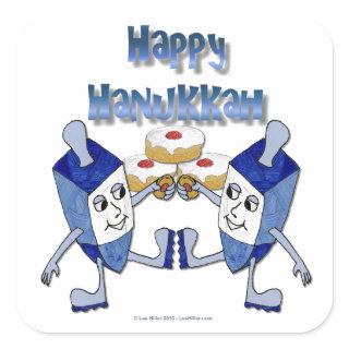 Happy Hanukkah Dancing Dreidels Jelly Doughnut Square Sticker