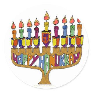 Happy Hanukkah Dreidels Menorah Classic Round Sticker